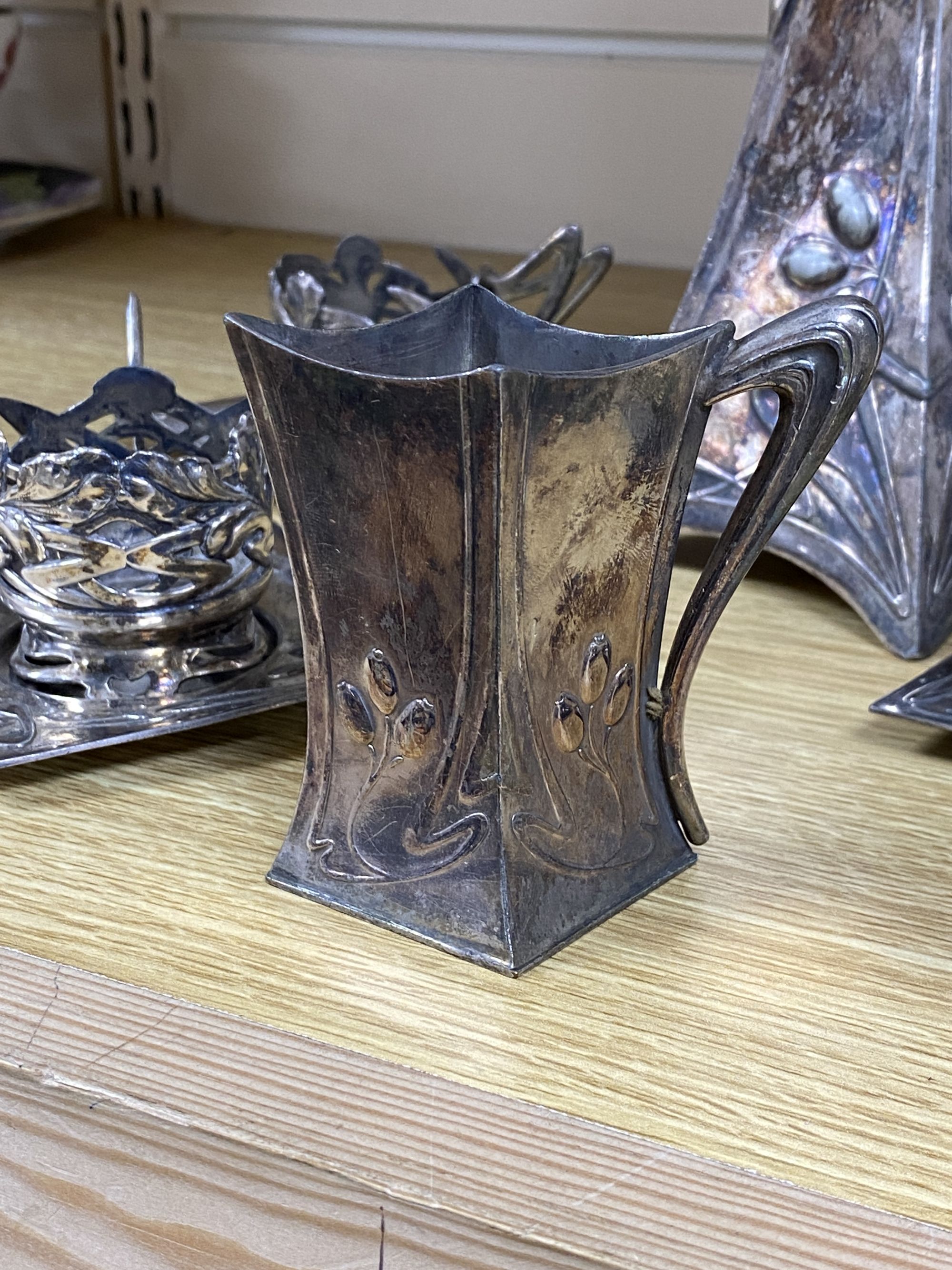 An Art Nouveau pewter coffee set etc.